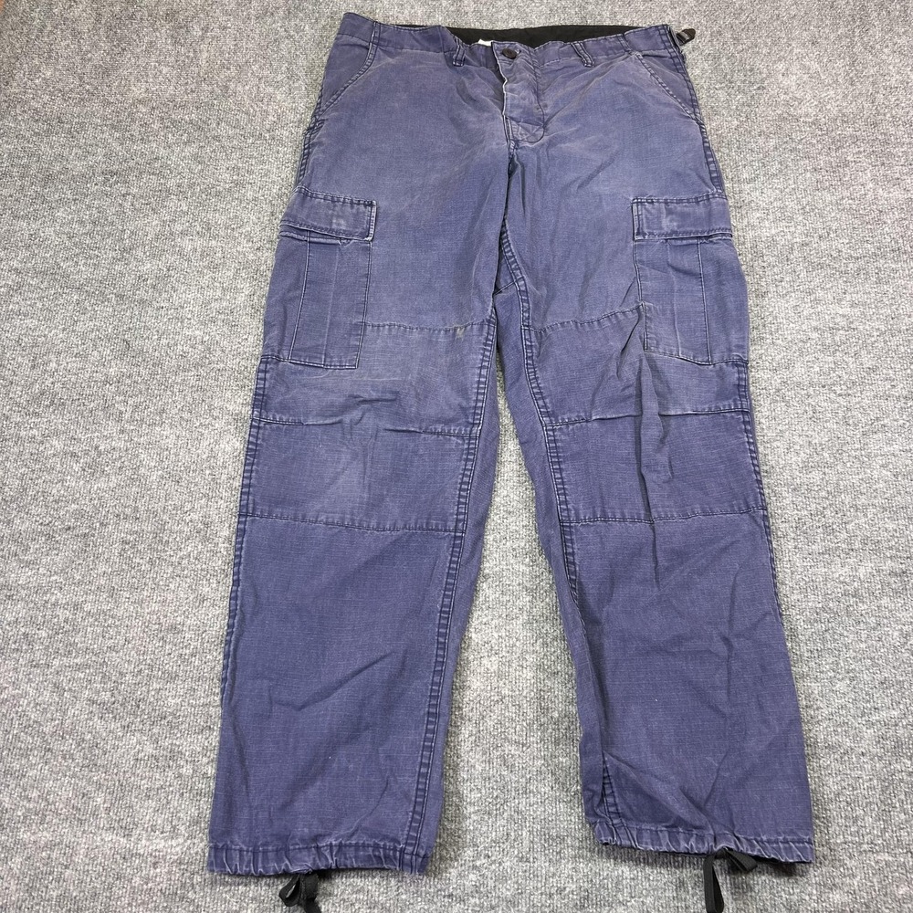 Pants Mens Medium Blue Cargo Canvas Adjustable Waist Drawstring Outdoor Workwear